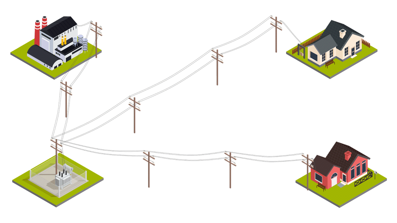 Animation showing how smart grid technology connects power generation to homes